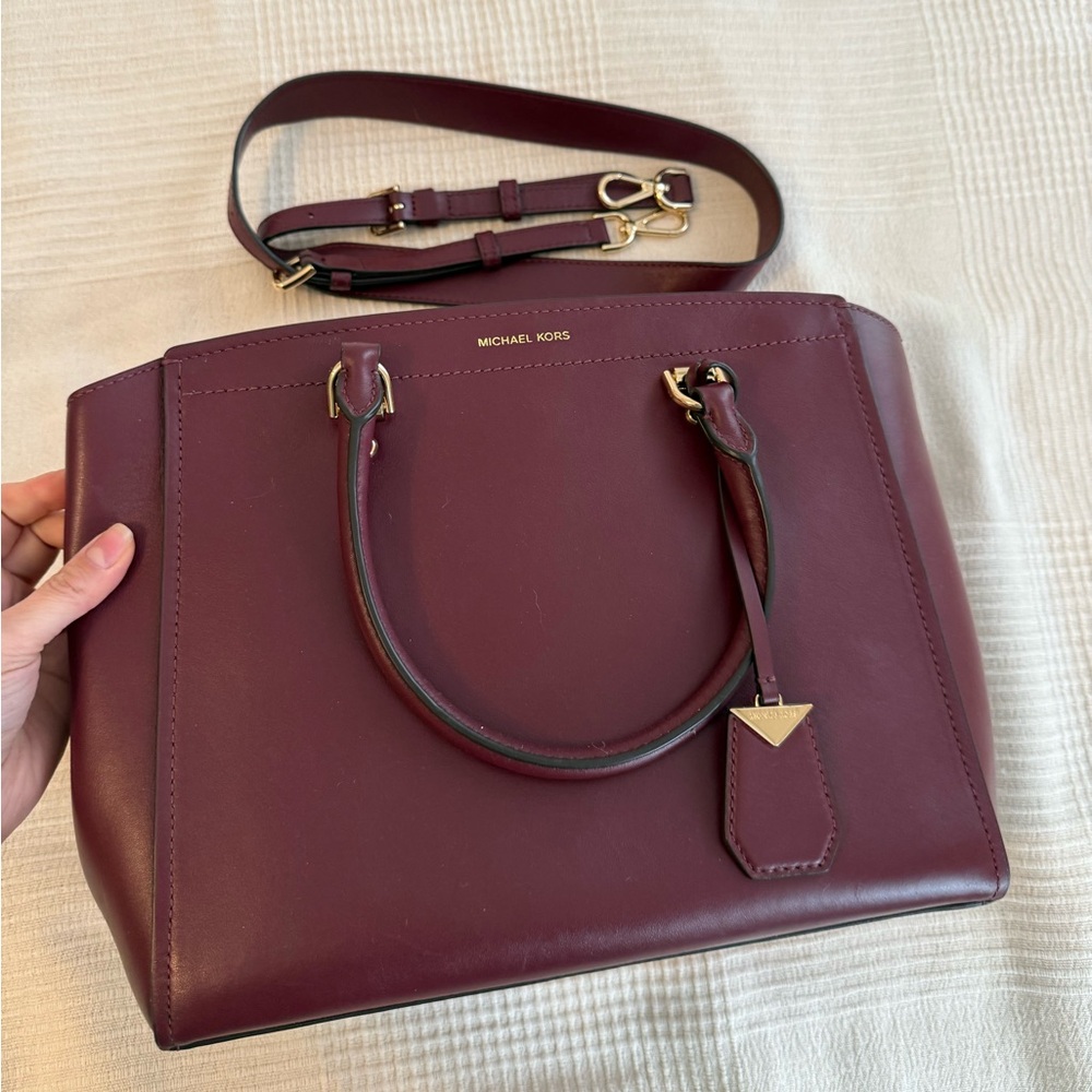 Michael Kors Wine Leather Satchel with Detachable Strap